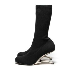 Alexander McQueen Arc Black Knit Sock Mid Calf Boots Silver Heels, Sz 37.5 / 7.5